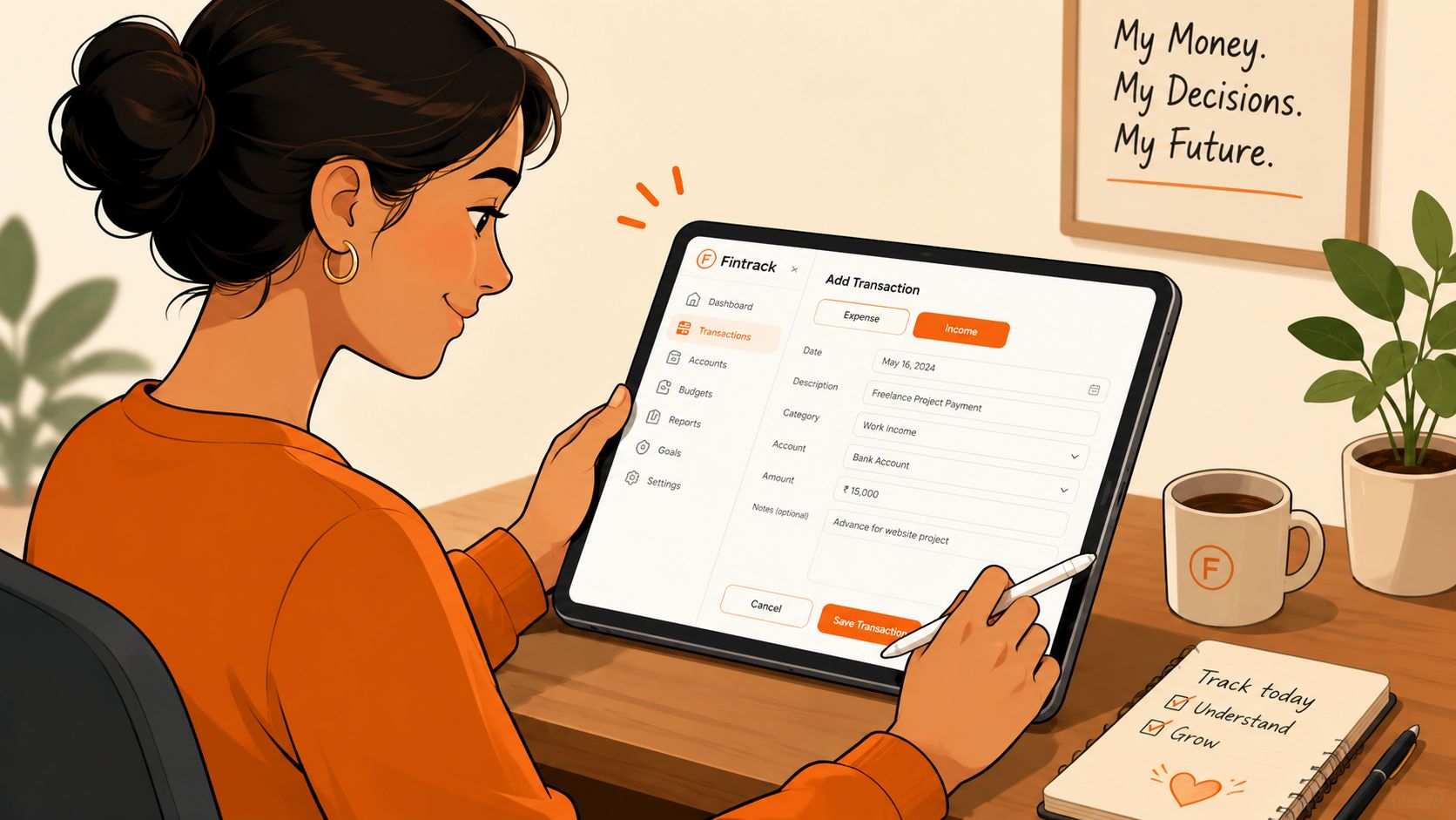 A woman using a tablet to record a freelance income transaction on a financial tracking app.