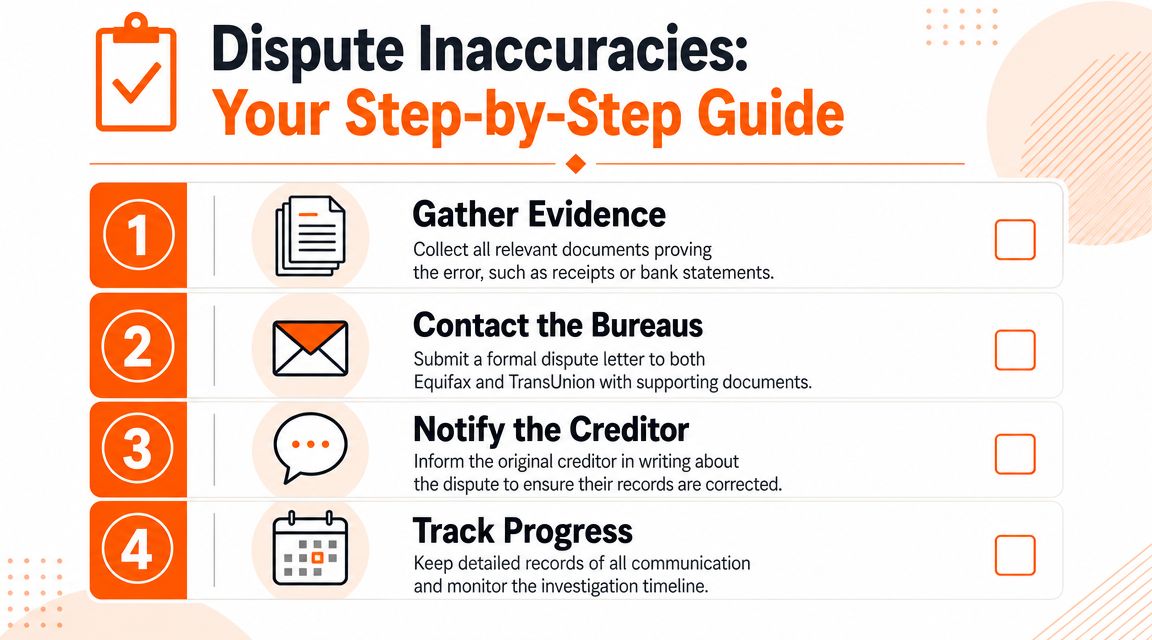 A four-step infographic guide on how to dispute inaccuracies on a credit report for better financial records.