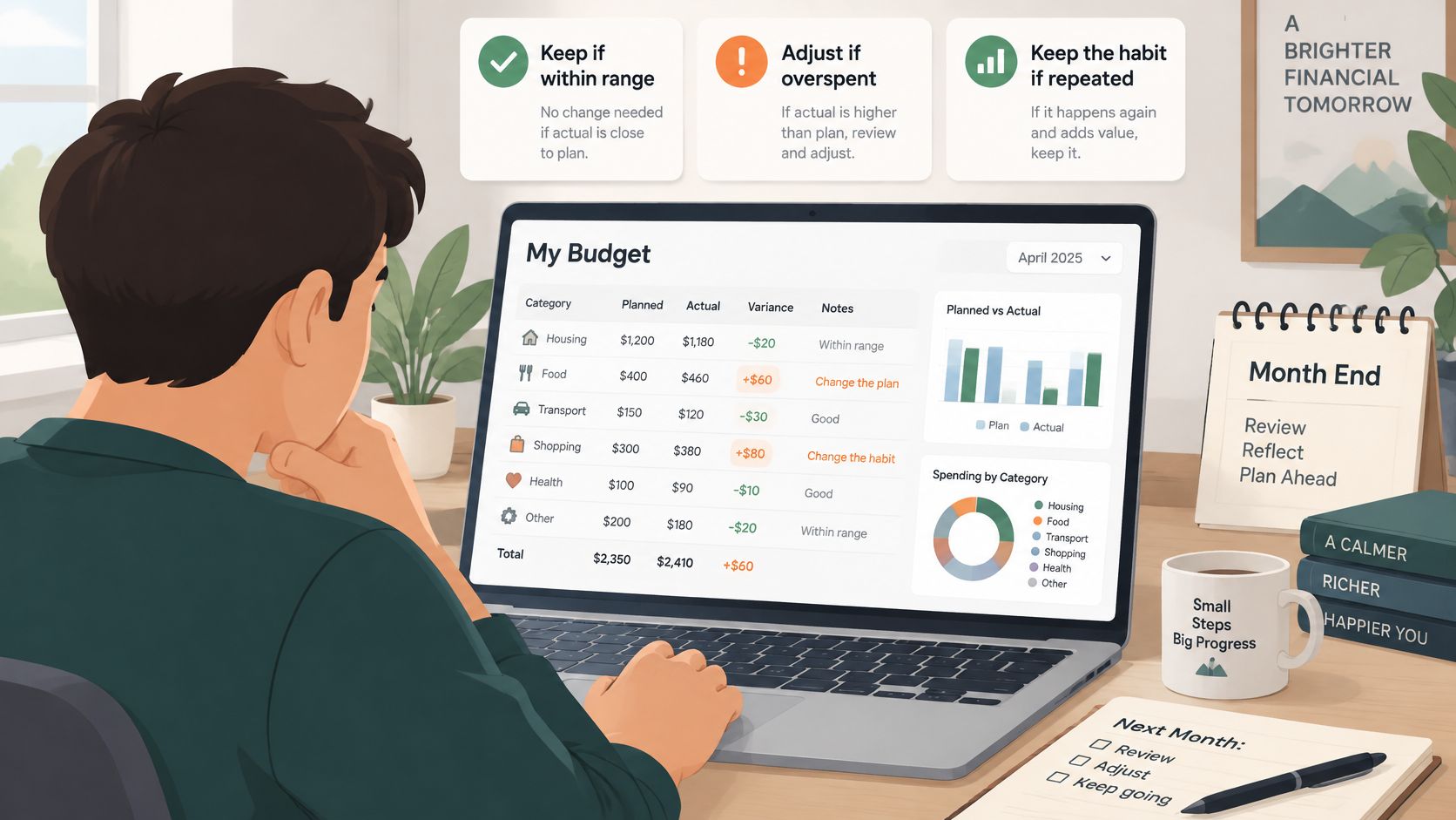 A person reviewing their monthly personal budget on a laptop screen while sitting at a desk.
