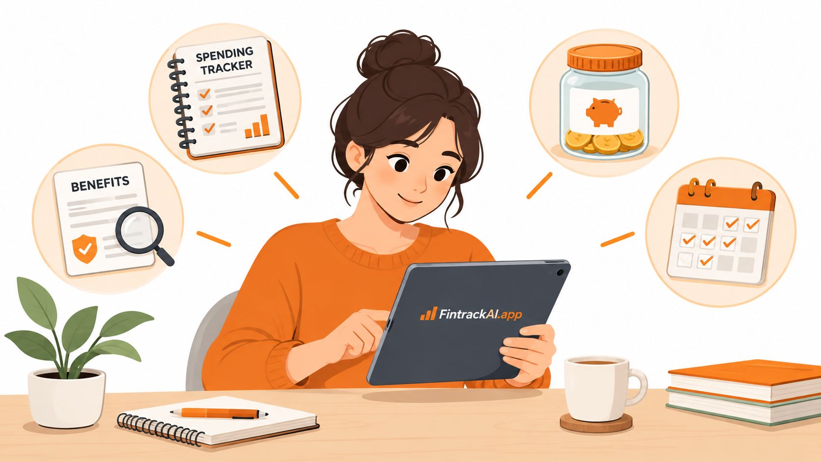 A woman using a FintrackAI tablet to manage personal finances, savings, and monthly budget planning goals.