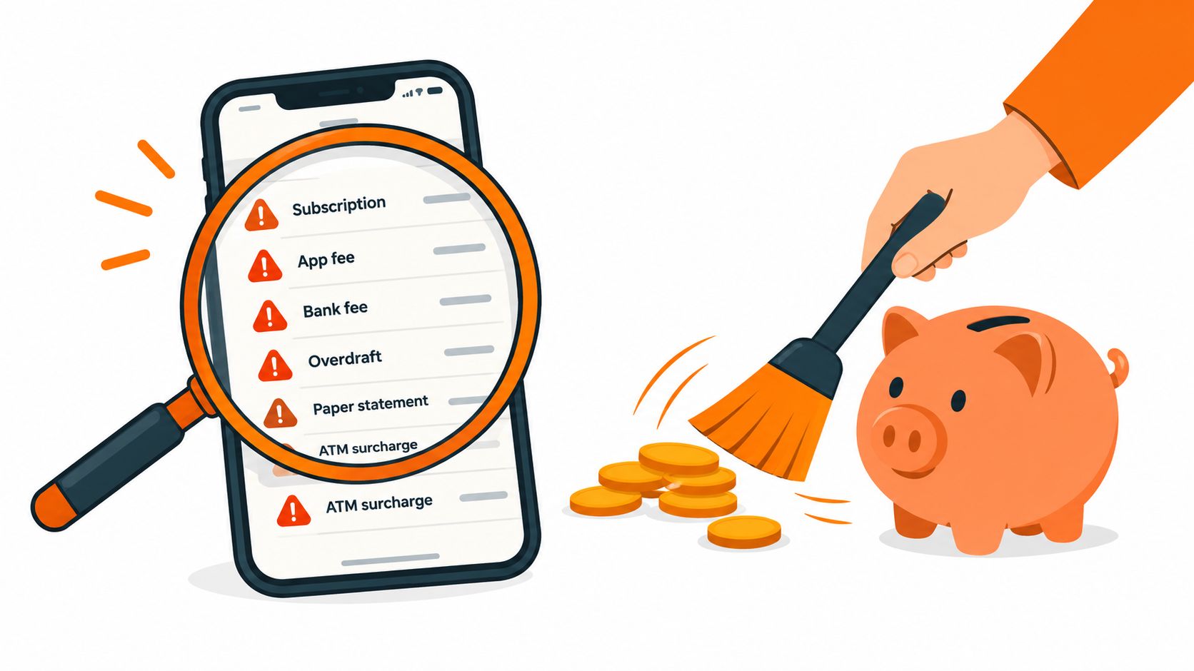 A magnifying glass reveals hidden bank fees on a smartphone screen while a hand sweeps coins into a piggy bank.