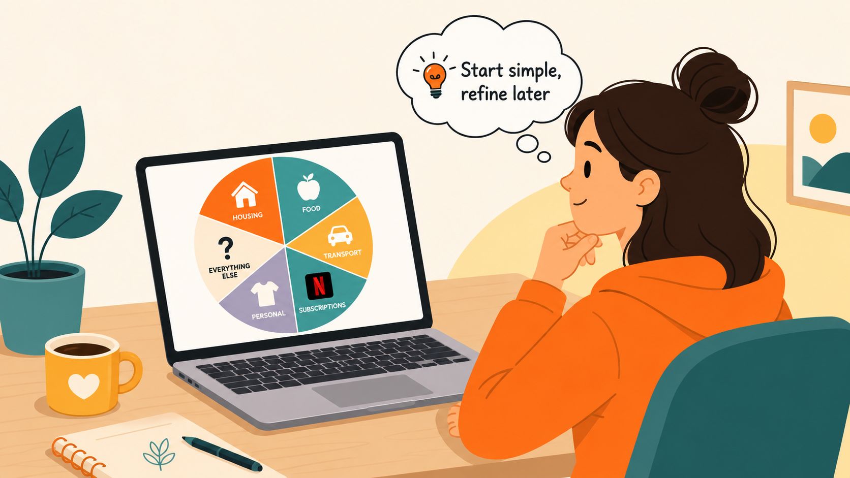A woman looks at a laptop screen displaying a colorful pie chart categorized for personal monthly budget management.