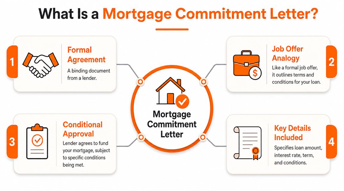 An infographic explaining the components of a mortgage commitment letter, including formal agreements and approval conditions.