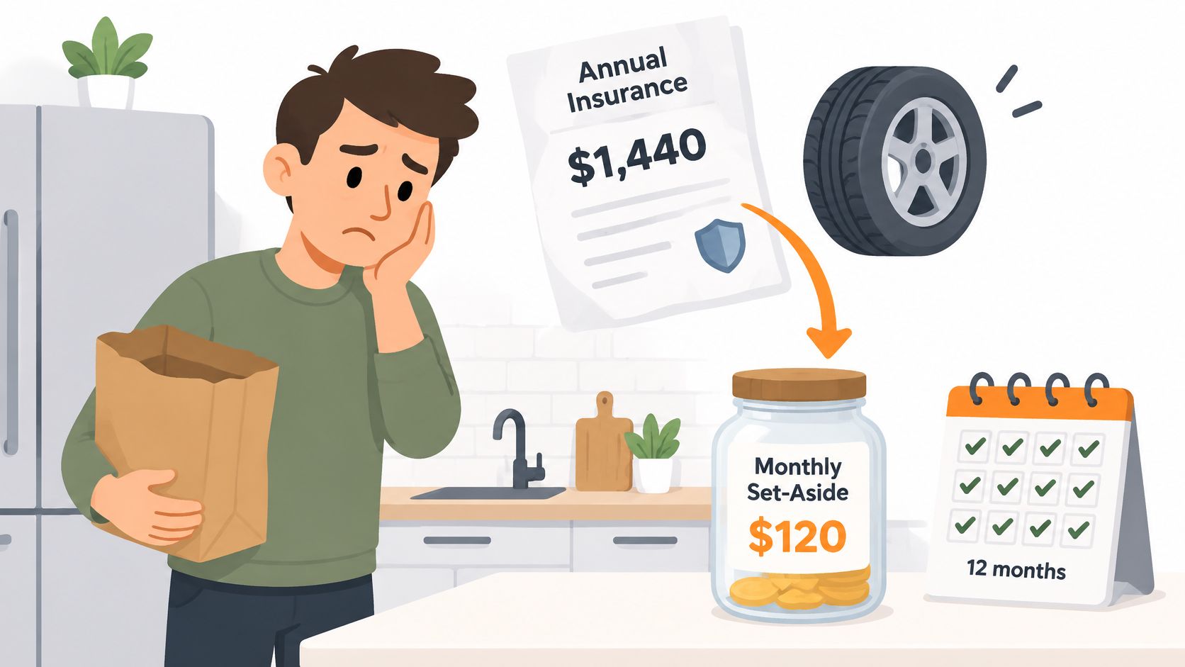 A man looking concerned while planning an annual insurance budget by setting aside monthly savings in a jar.