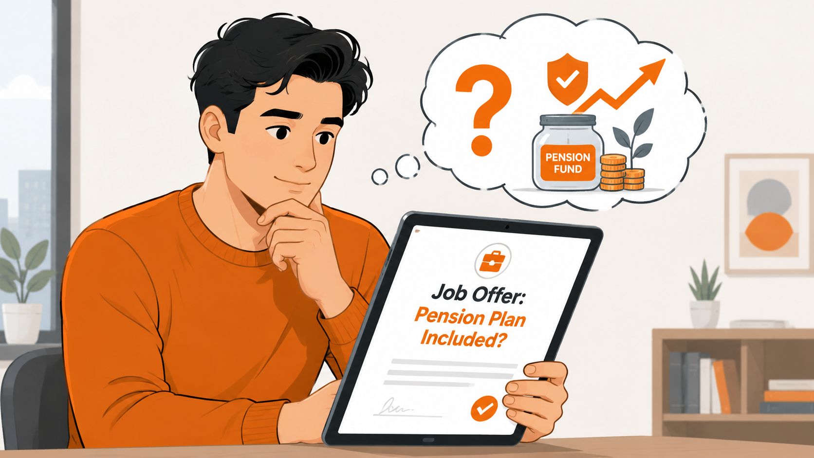 A young man looking thoughtfully at a digital tablet while considering if a job offer includes a pension.