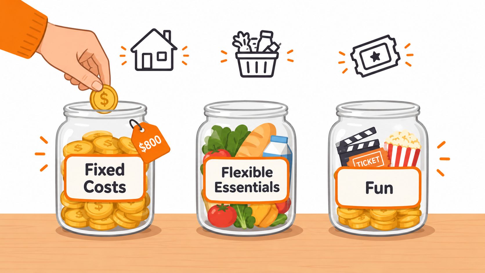 An illustration showing three glass jars representing a household budget for fixed costs, essentials, and fun activities.