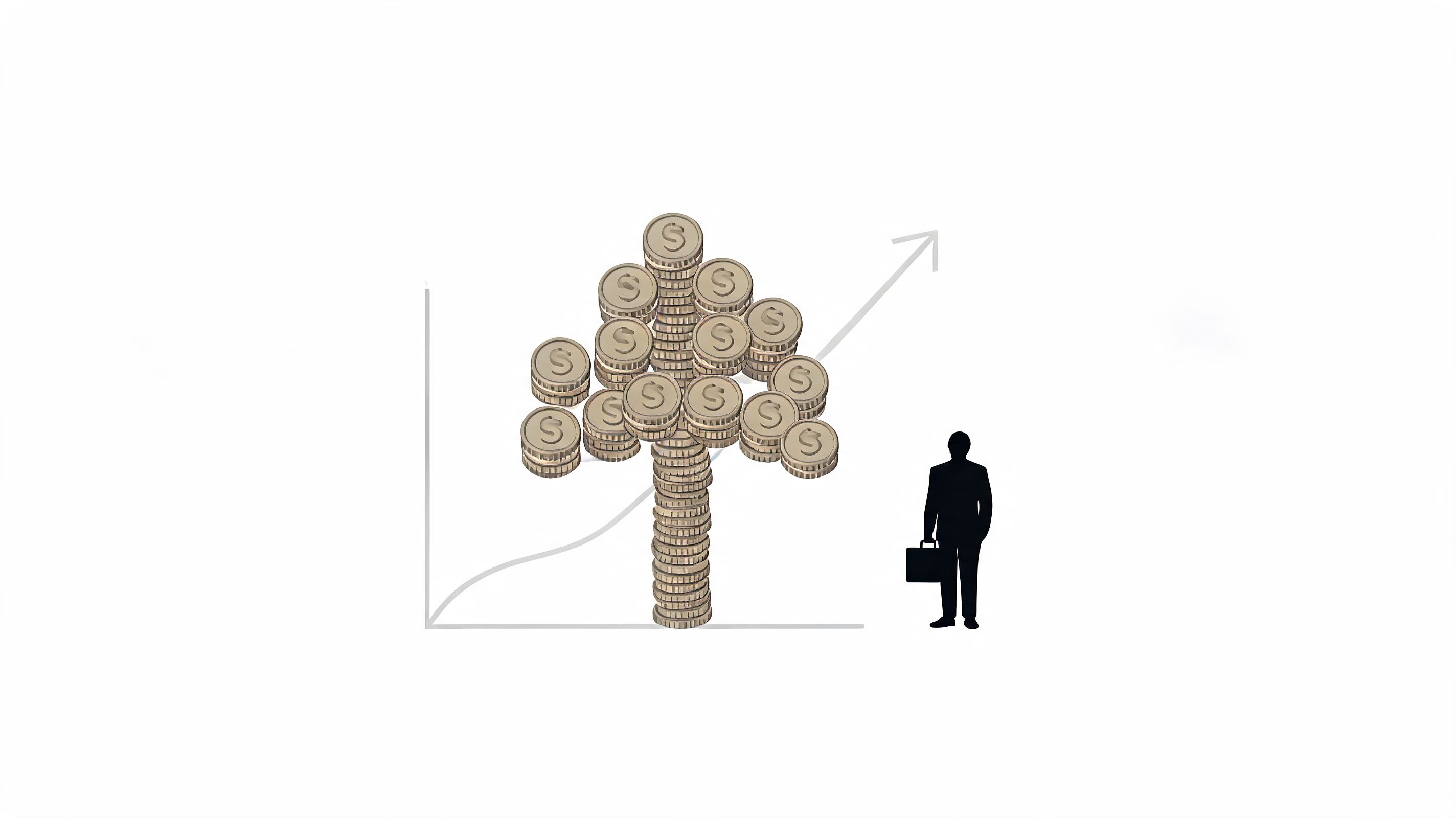 A silhouette of a businessman standing next to a tree made of golden dollar coins growing upward.