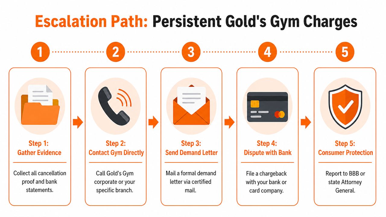 A five-step escalation path diagram for resolving persistent and unauthorized Gold's Gym membership billing charges effectively.