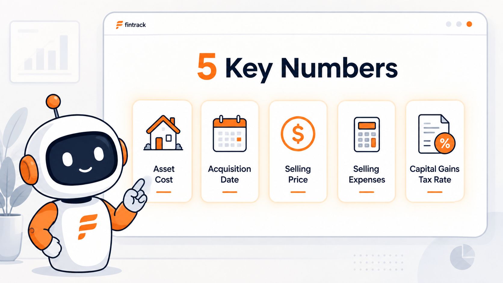 A friendly robot pointing at five essential financial figures needed to calculate capital gains tax on investments.