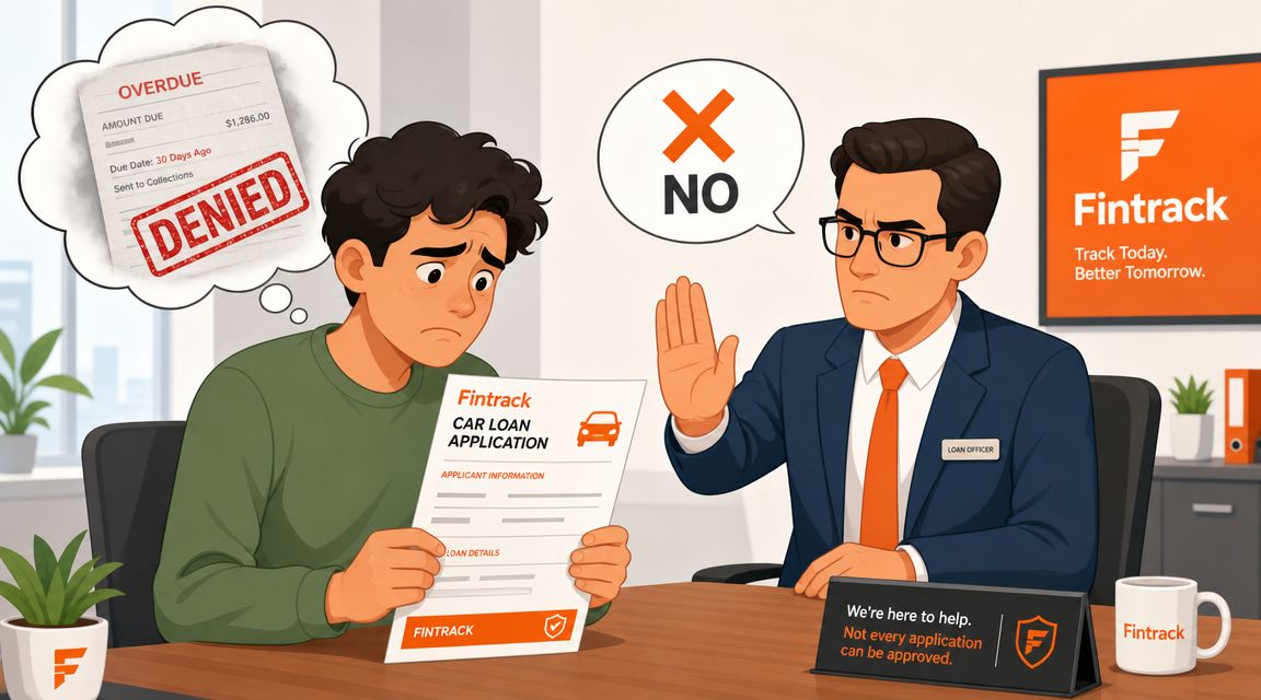 A loan officer denying a car loan application to a worried young man due to unpaid debt.