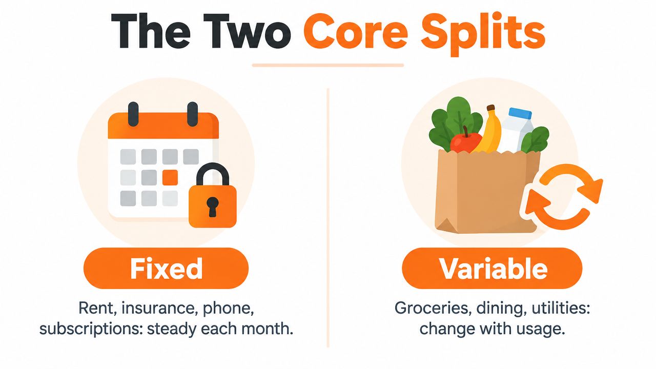 An infographic showing two core budget categories: fixed expenses like rent and variable expenses like groceries.