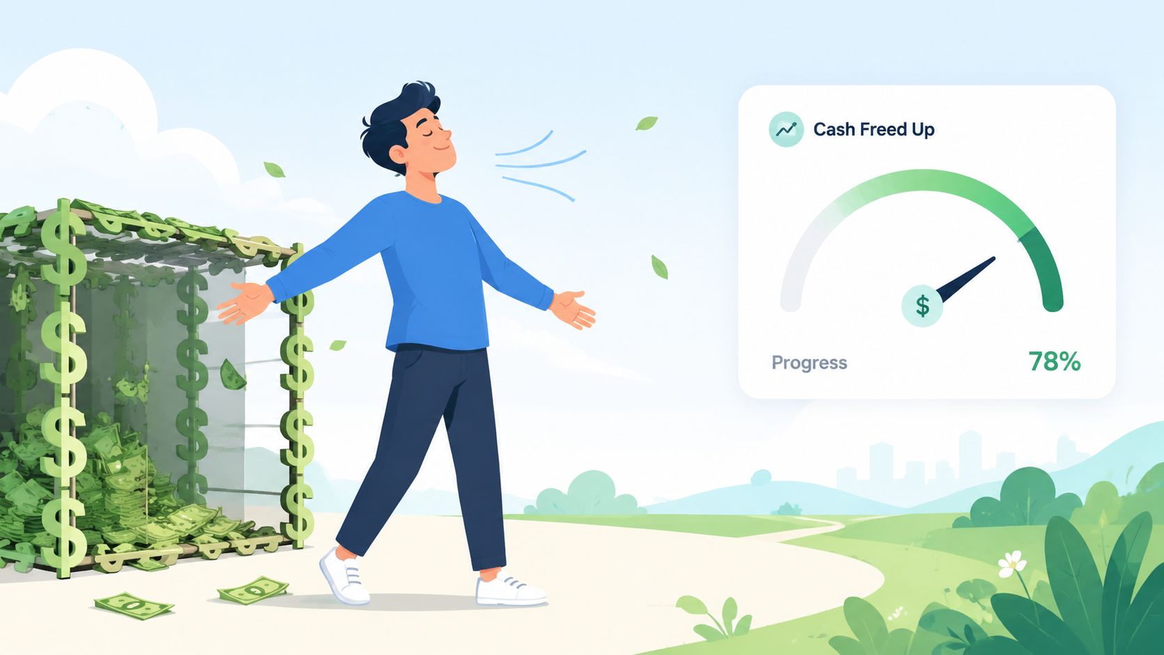 An illustration of a relaxed man walking away from a cage filled with money representing financial freedom.
