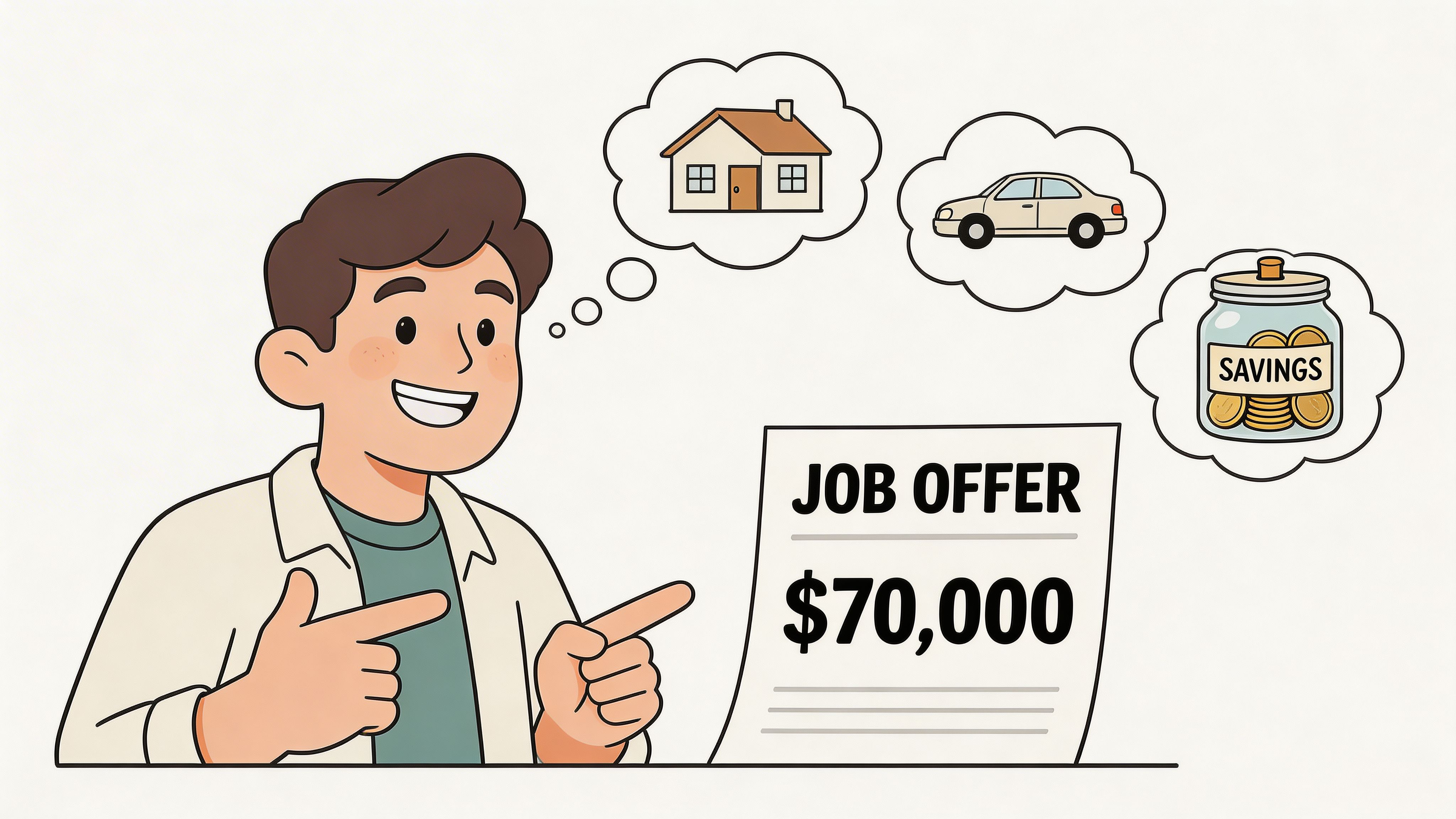 A happy young man considers his financial goals like buying a house, car, and savings after receiving a job offer.