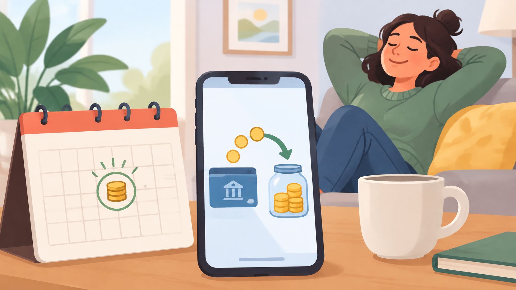 A woman relaxes on a sofa next to a smartphone displaying automated savings transfers and a calendar.