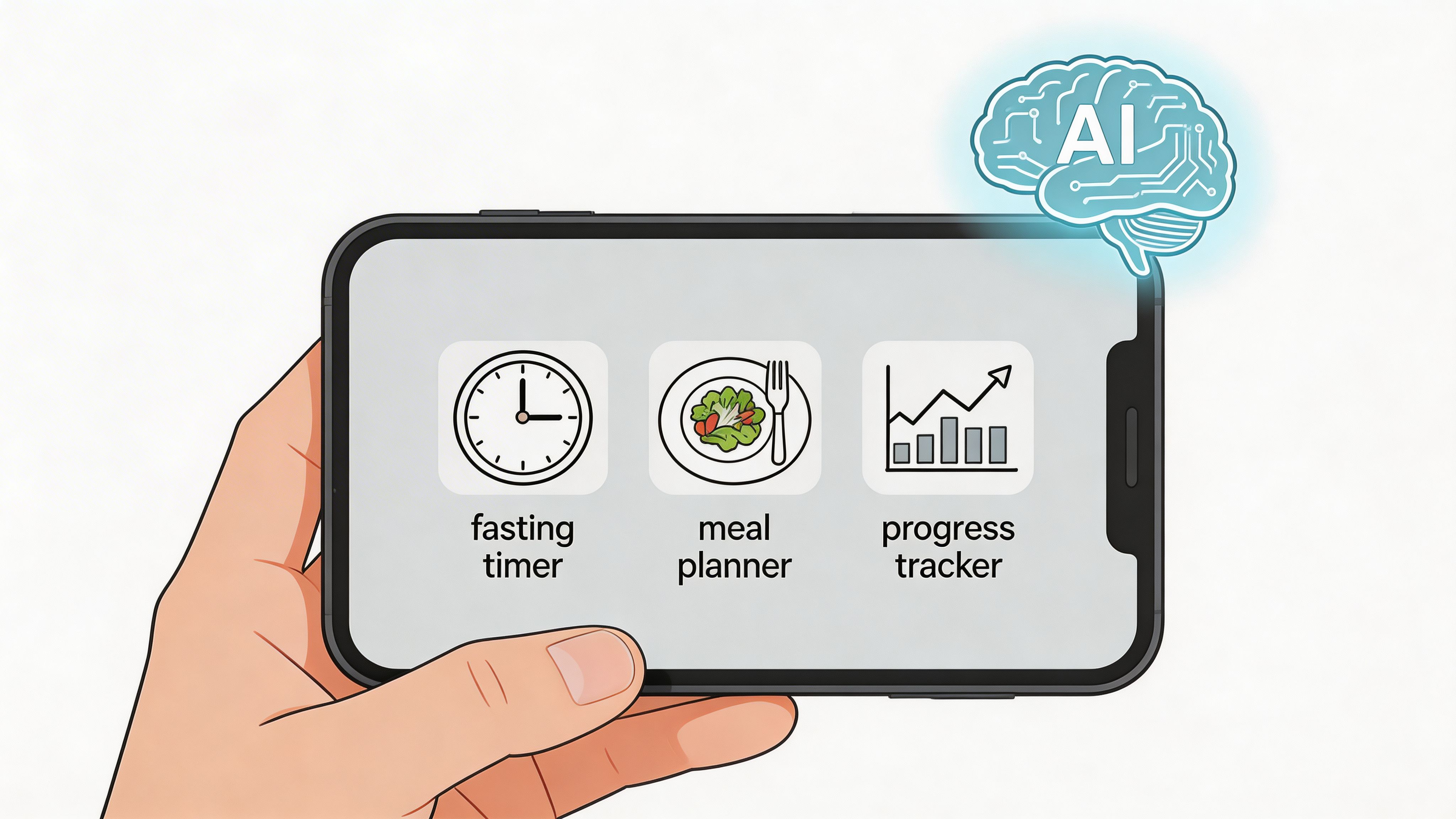 A hand holding a smartphone displaying an AI-powered fitness app with fasting, meal planning, and progress tracking icons.