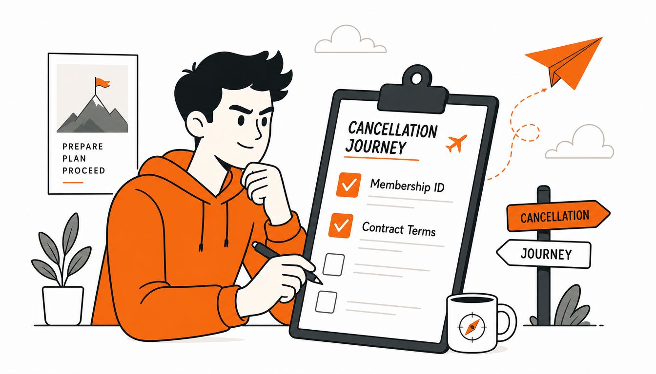 A young man in an orange hoodie filling out a cancellation journey checklist on a clipboard.