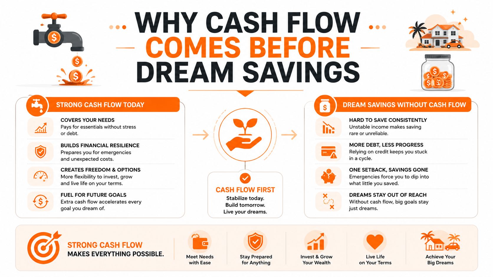 An infographic illustrating why prioritizing cash flow is essential before saving for long-term financial dreams and goals.