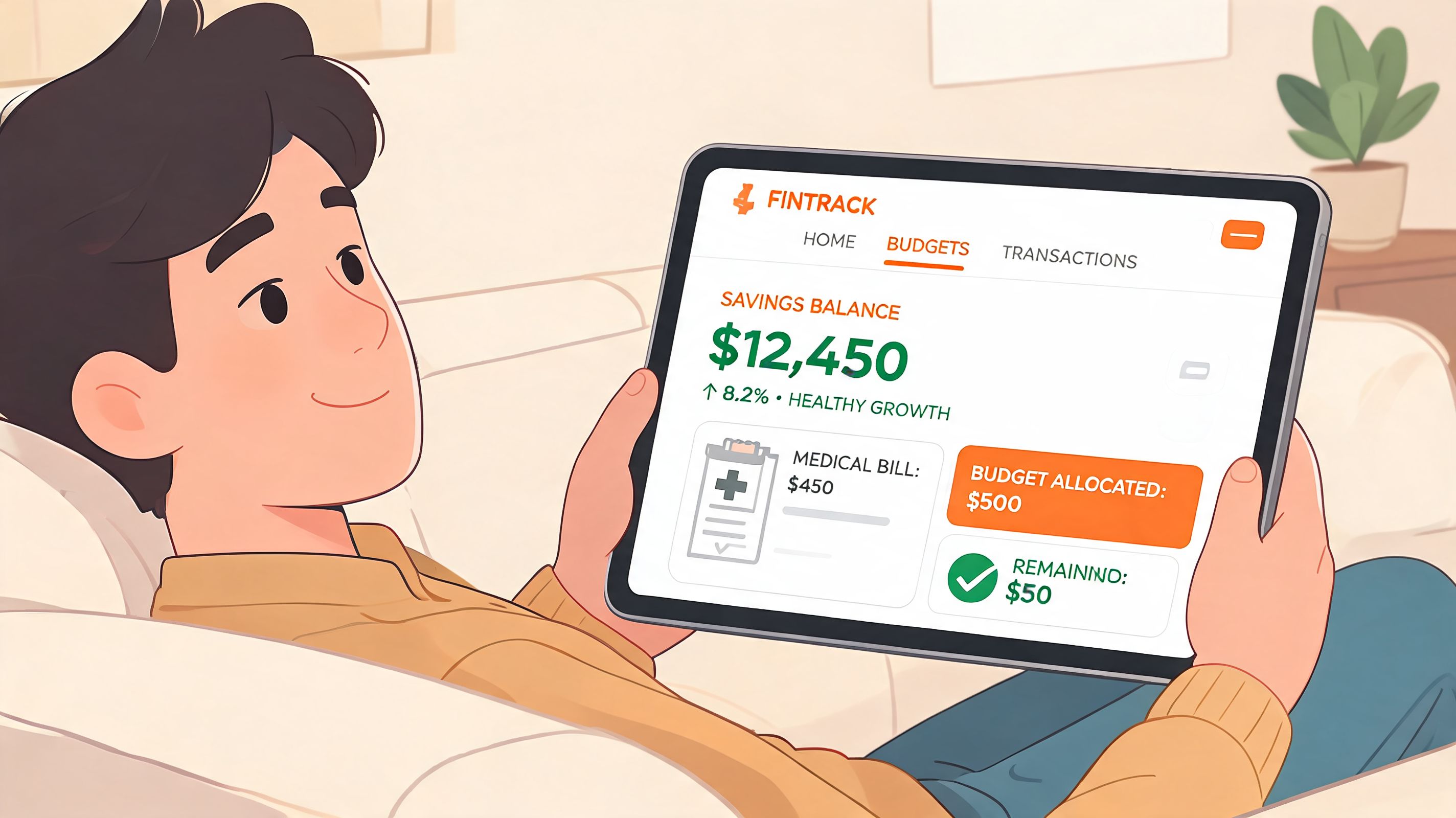 A young man checking his health savings account and medical budget on a tablet while relaxing.