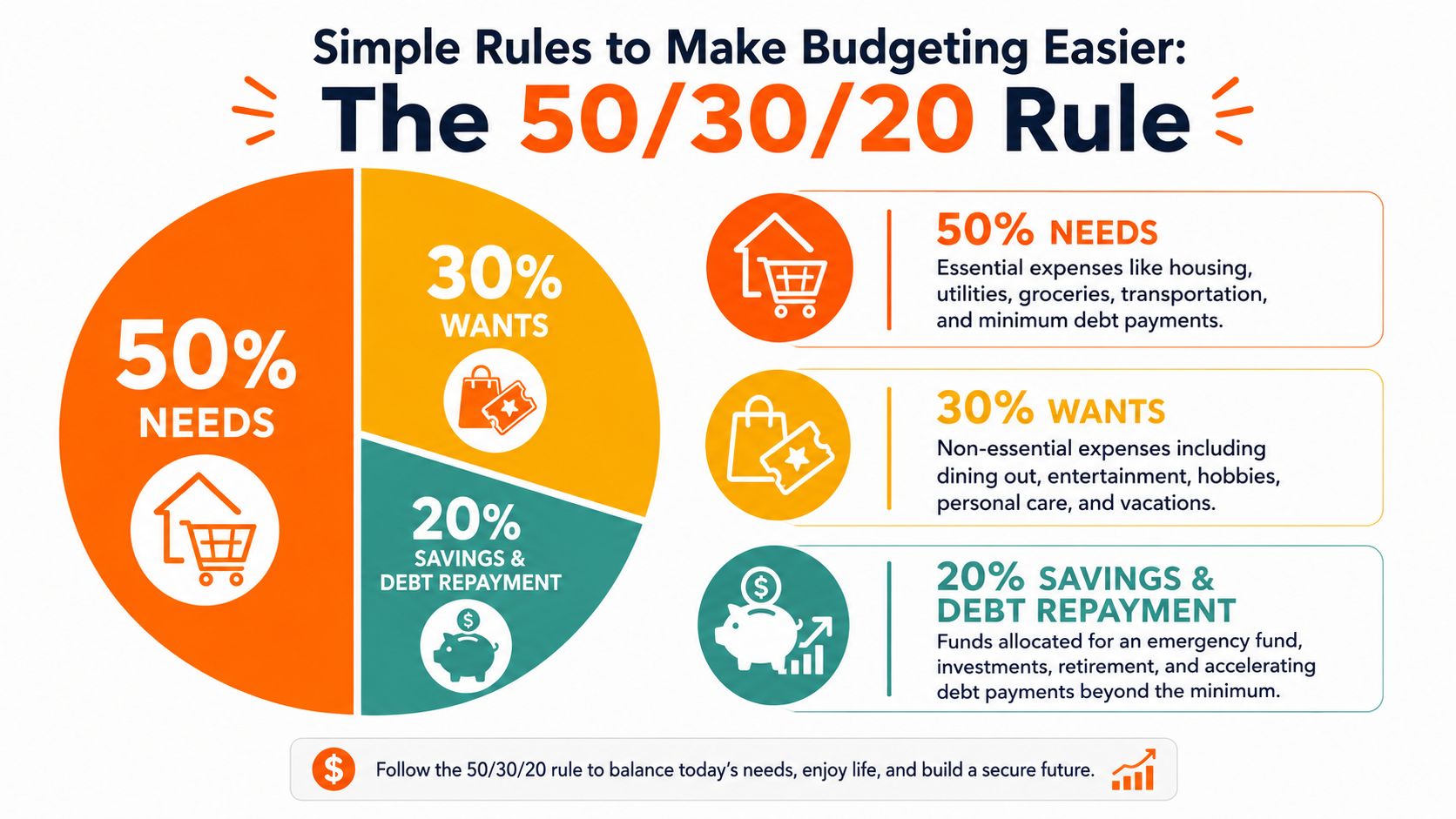 An infographic explaining the 50/30/20 budget rule for organizing finances into needs, wants, and savings.