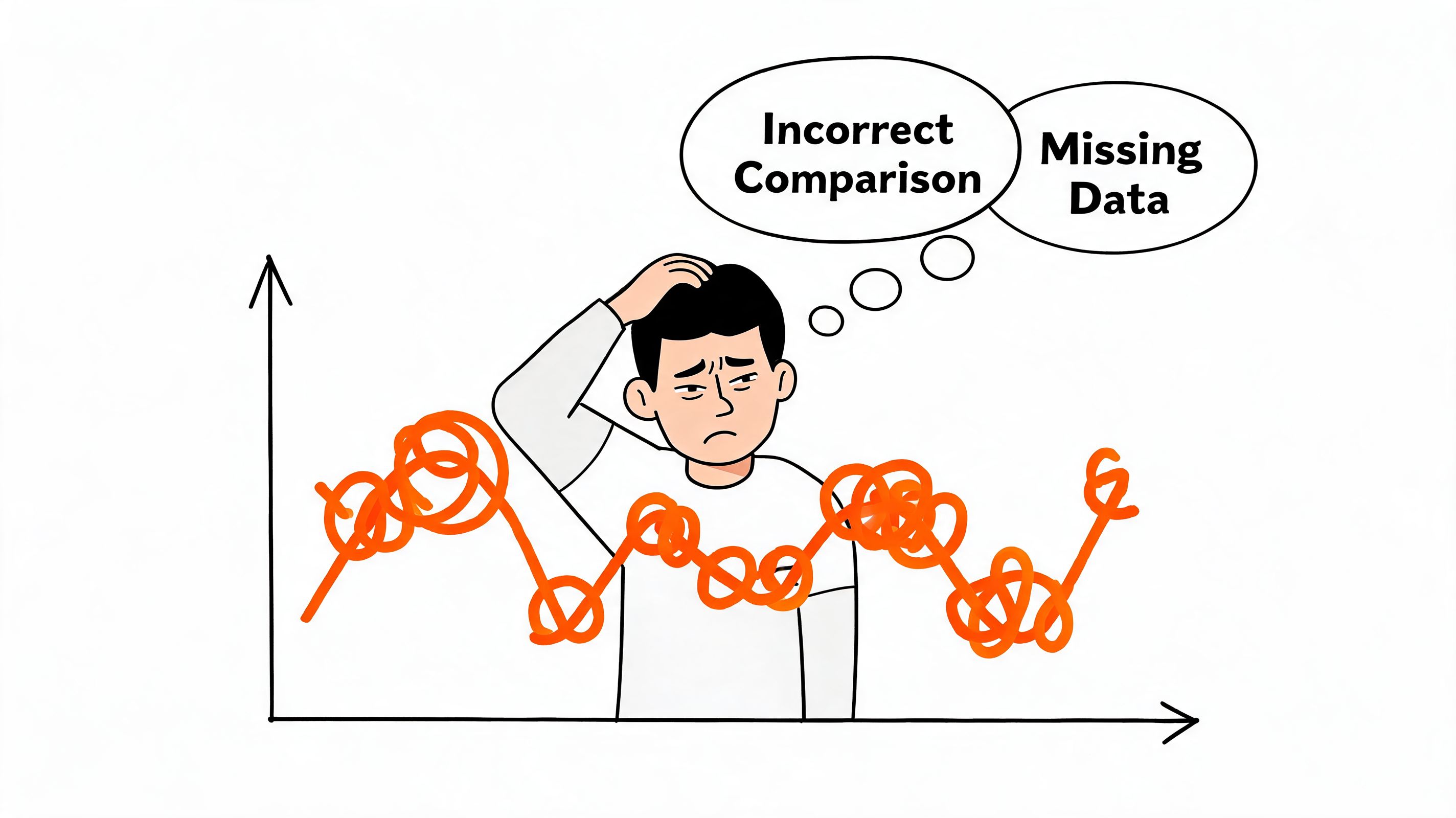 A confused person looking at a messy, unclear data graph with scribbles representing analysis errors.