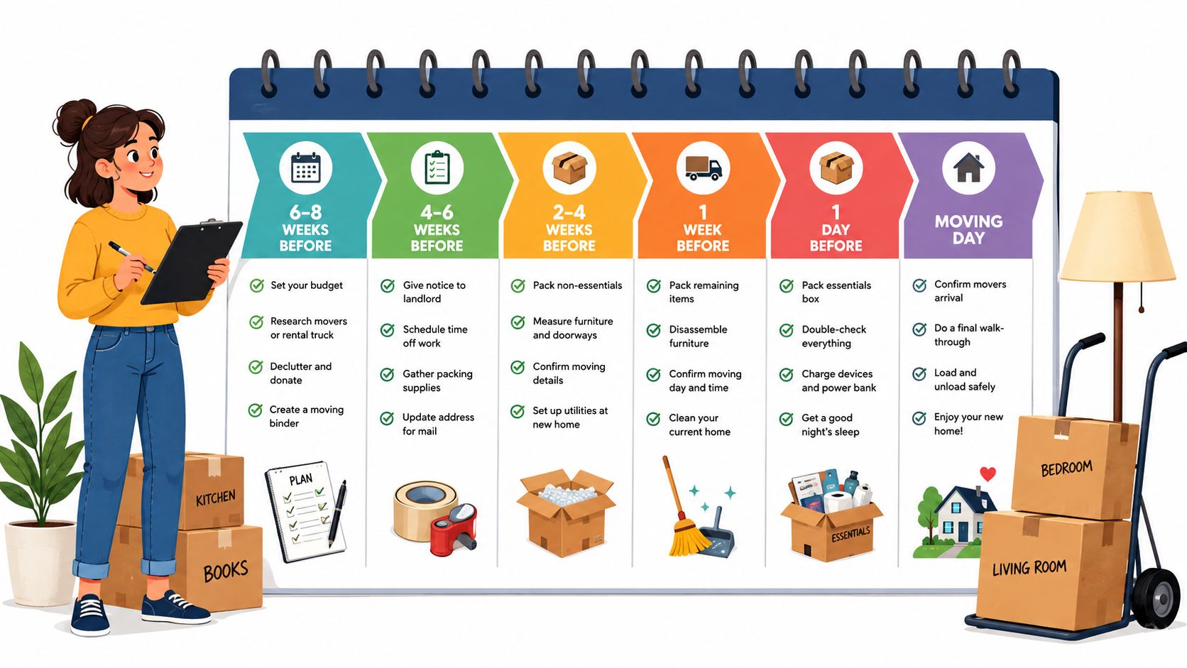 A woman checking a move-out planning timeline chart with checklists for weeks and days before moving day.