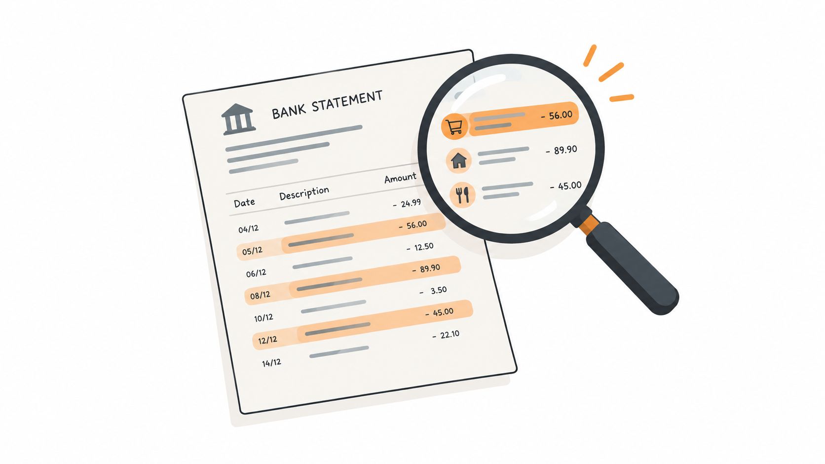 A magnifying glass inspecting specific transaction line items on a stylized bank statement document with icons.