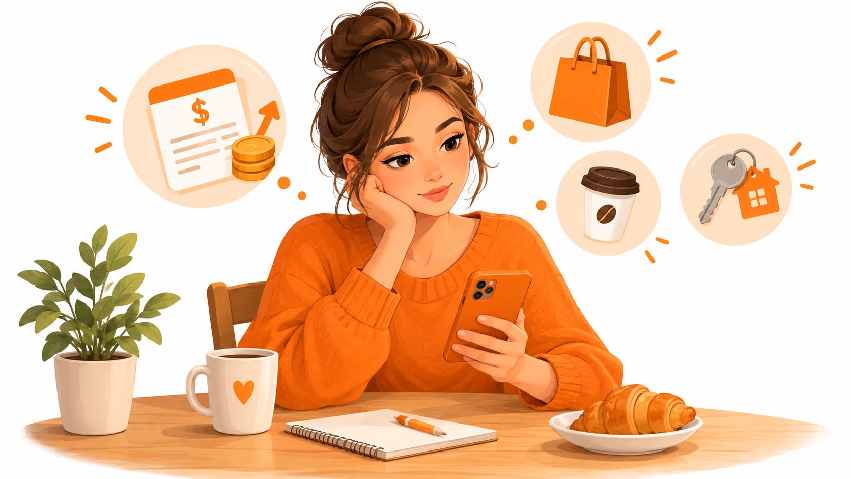 A woman thinking about her monthly budget, shopping, coffee, and home while looking at her phone.