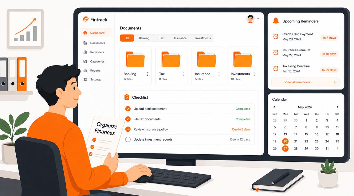 A man working on his computer reviewing financial documents and tax deadlines using a digital management tool.