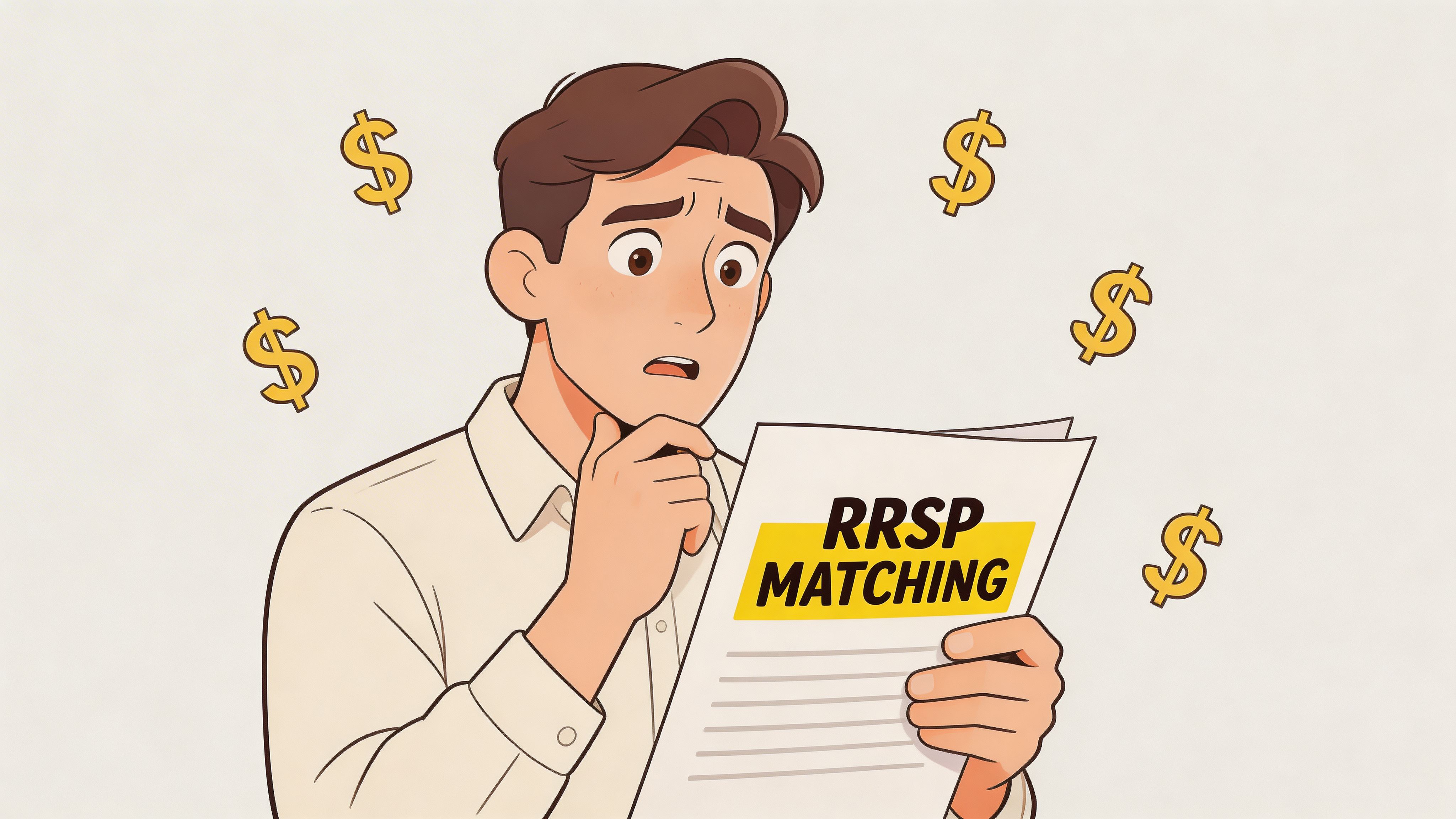 A confused man in a white shirt looking at a document titled RRSP matching with dollar signs.