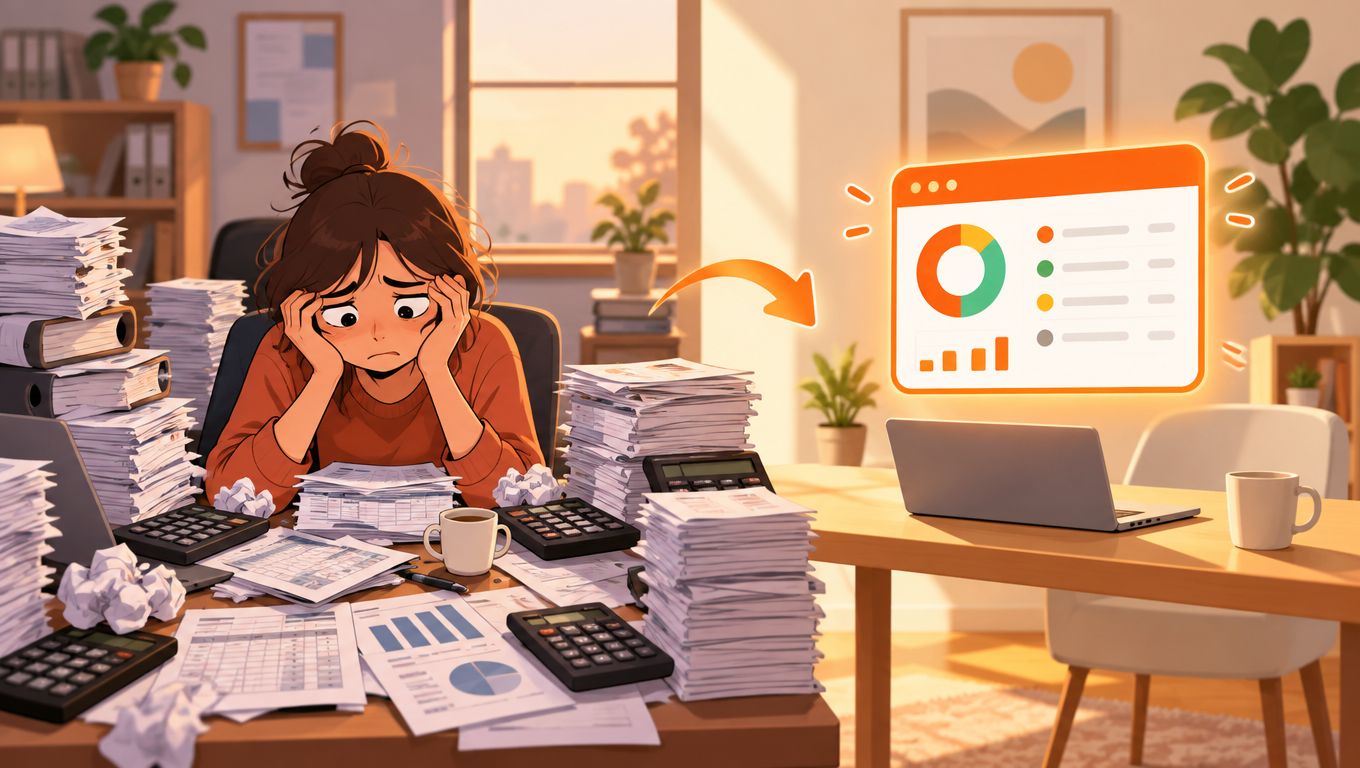 A stressed professional overwhelmed by paper documents in an office, visualizing a digital budget solution.