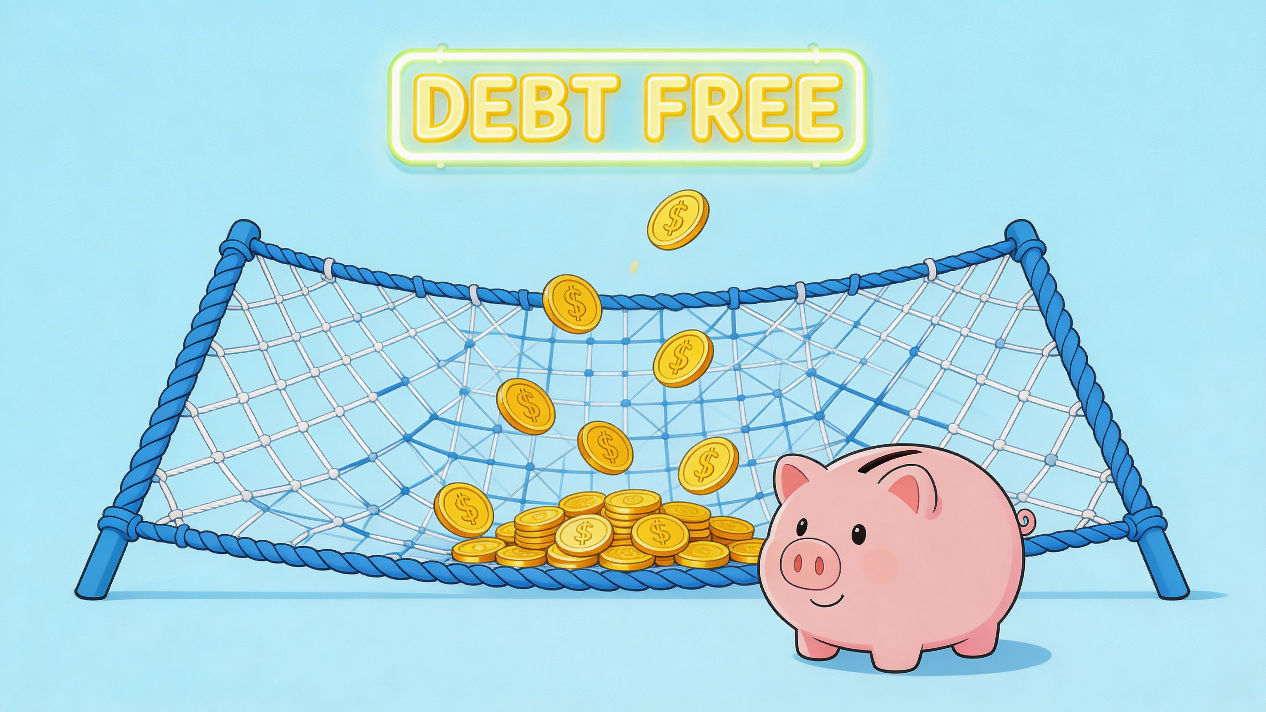 A cute pink piggy bank standing next to a blue net filled with gold dollar coins.