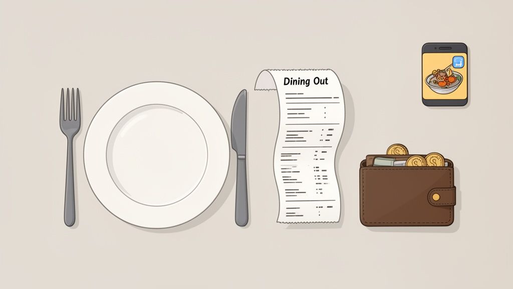 An illustration of dining out essentials: a table setting, a crumpled receipt, a food app, and a wallet.