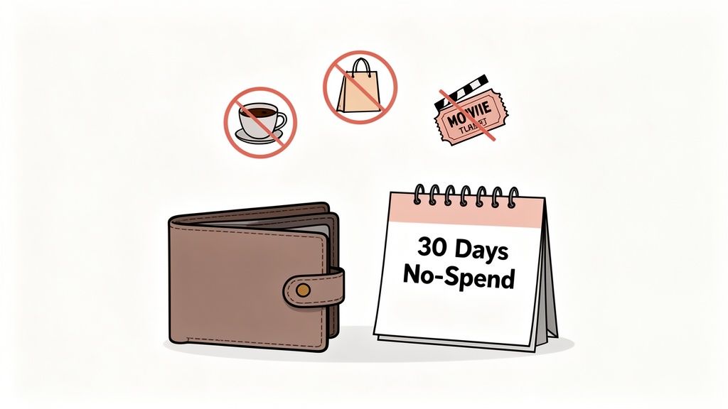 Illustration of a brown wallet next to a '30 Days No-Spend' calendar, with symbols for no coffee, no shopping, and no movies.