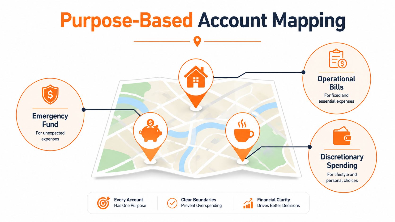 A diagram illustrating purpose-based account mapping with icons representing emergency funds, essential bills, and discretionary spending.