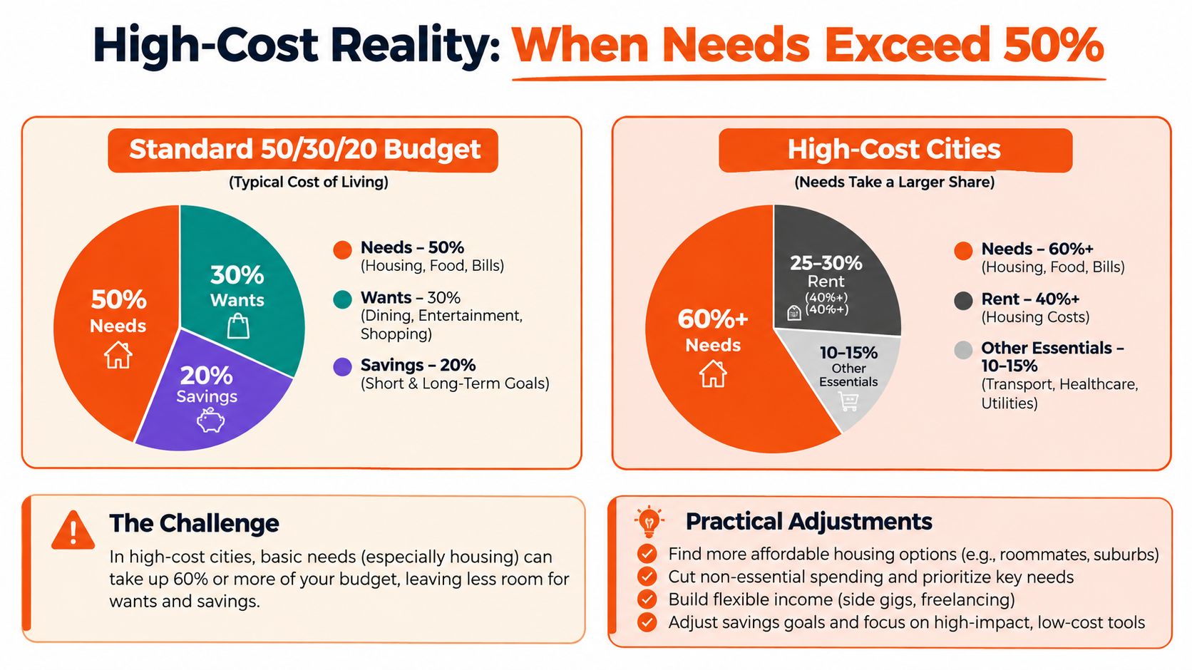 An infographic showing the 50/30/20 budget rule versus budget realities in high-cost cities.
