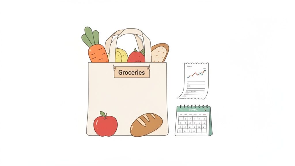 Cartoon illustration of groceries in a bag, a shopping receipt with a graph, and a calendar.