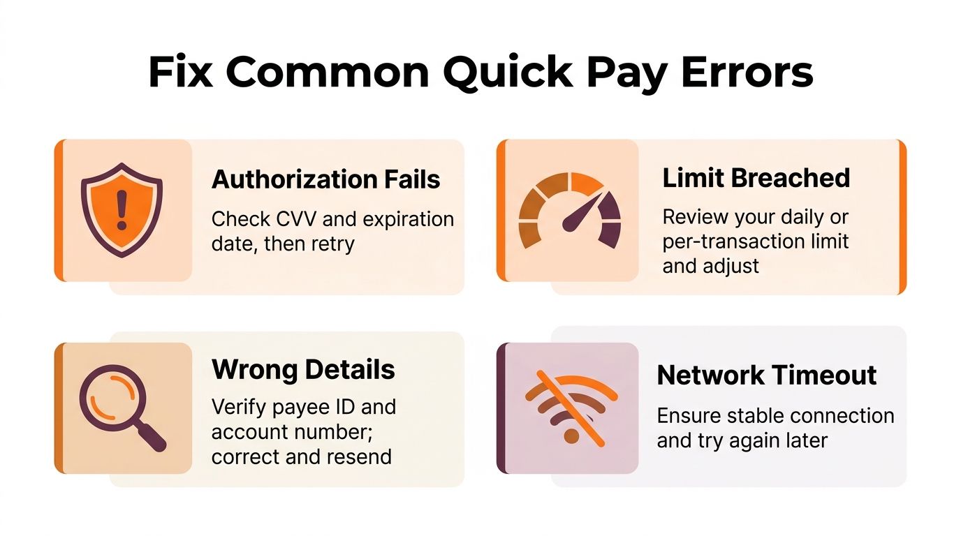 A guide listing common Quick Pay payment errors including authorization, limit, details, and network timeout issues.