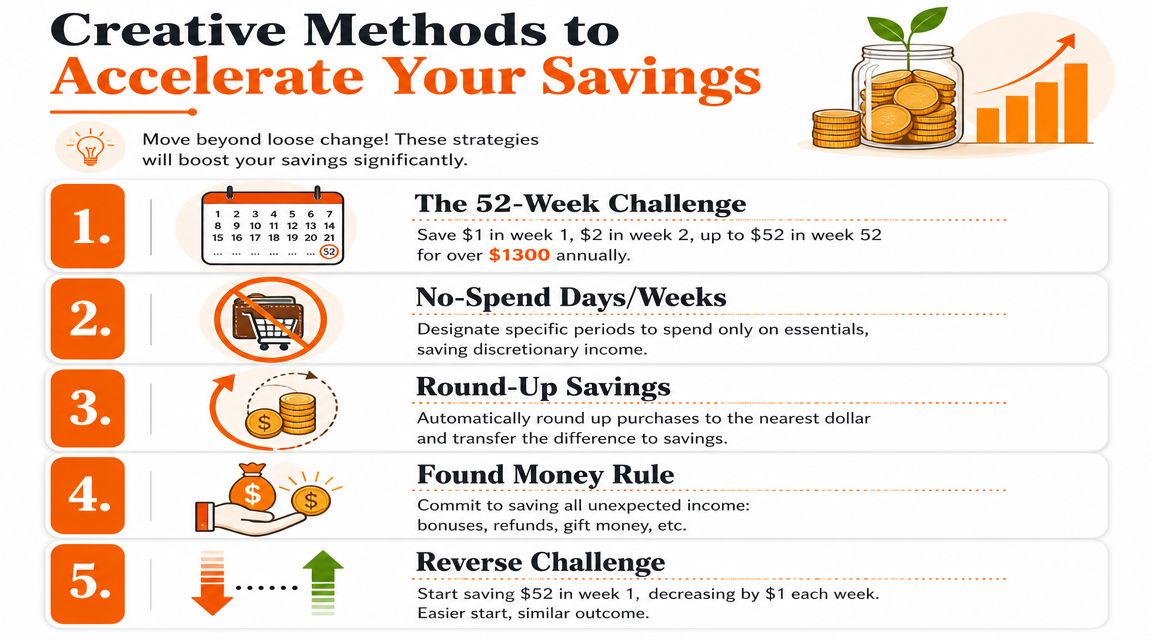 An infographic displaying five creative methods to accelerate savings through weekly challenges and smart financial habits.