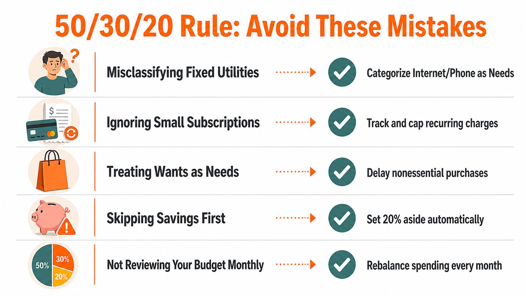 A visual guide outlining common mistakes to avoid when following the 50/30/20 personal budget rule.