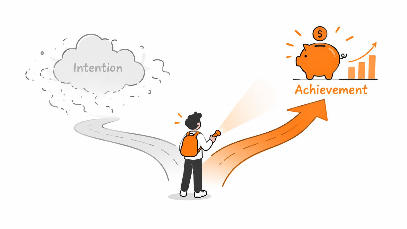 A person with a flashlight choosing a path from intention towards an achievement financial goal illustration.
