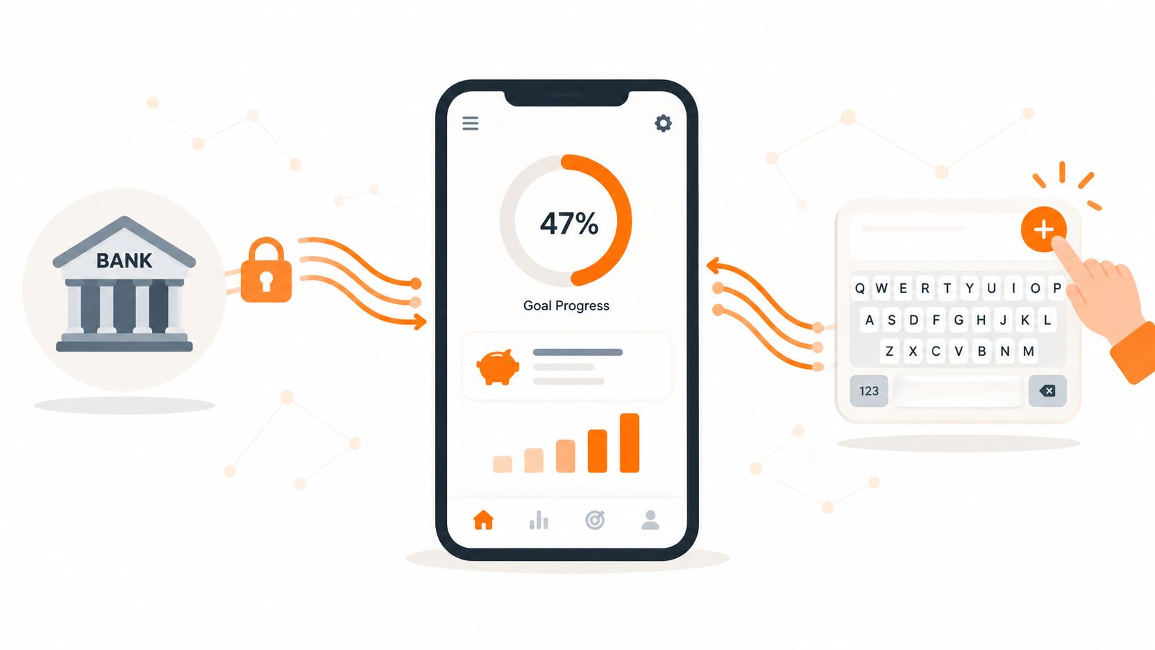 A smartphone app displaying a savings goal progress tracker, connected between a bank icon and a keyboard.