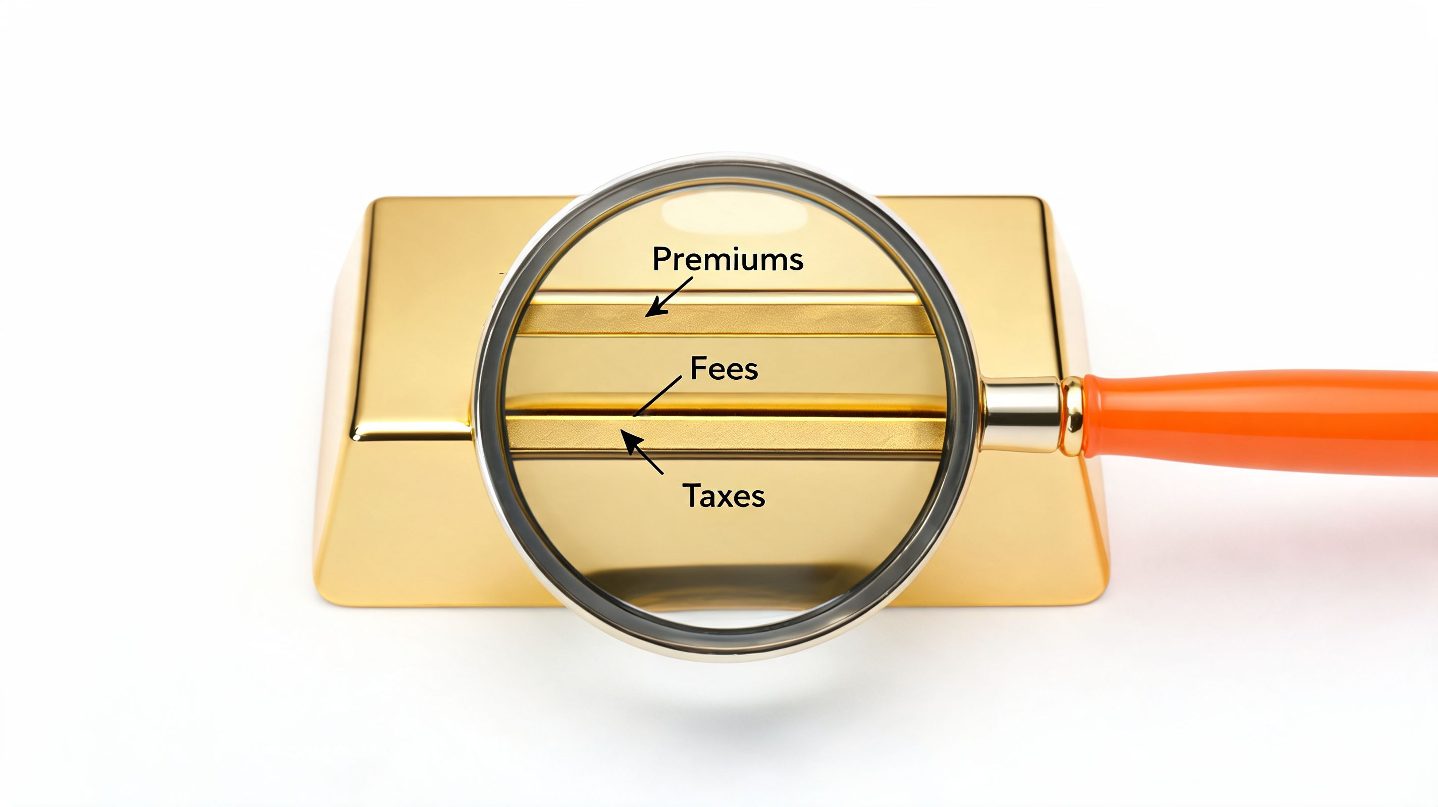 A magnifying glass focusing on the words Premiums, Fees, and Taxes printed on a gold bar.