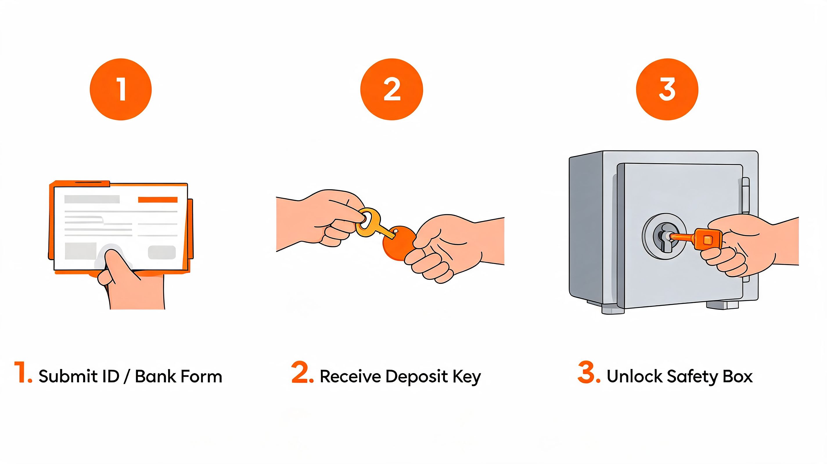 A three-step infographic showing the process of accessing a bank safety deposit box using a key.