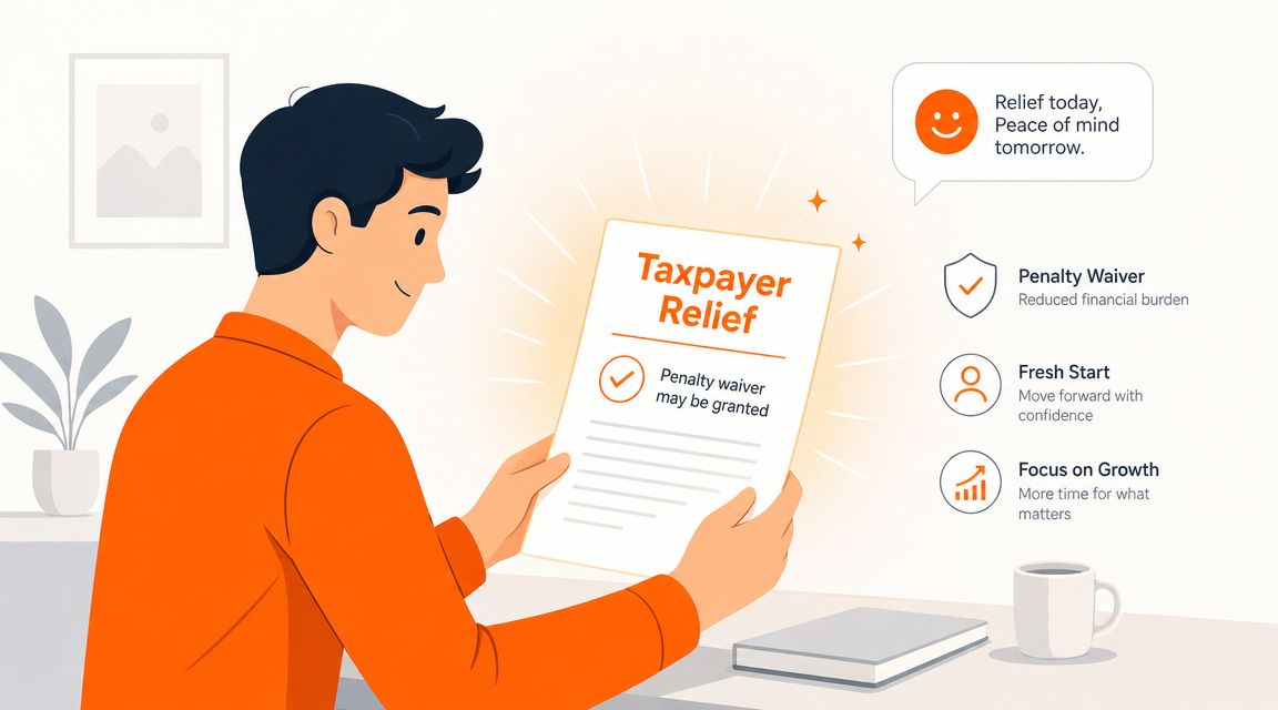 A person smiling while holding a document titled Taxpayer Relief, representing financial guidance and penalty waivers.