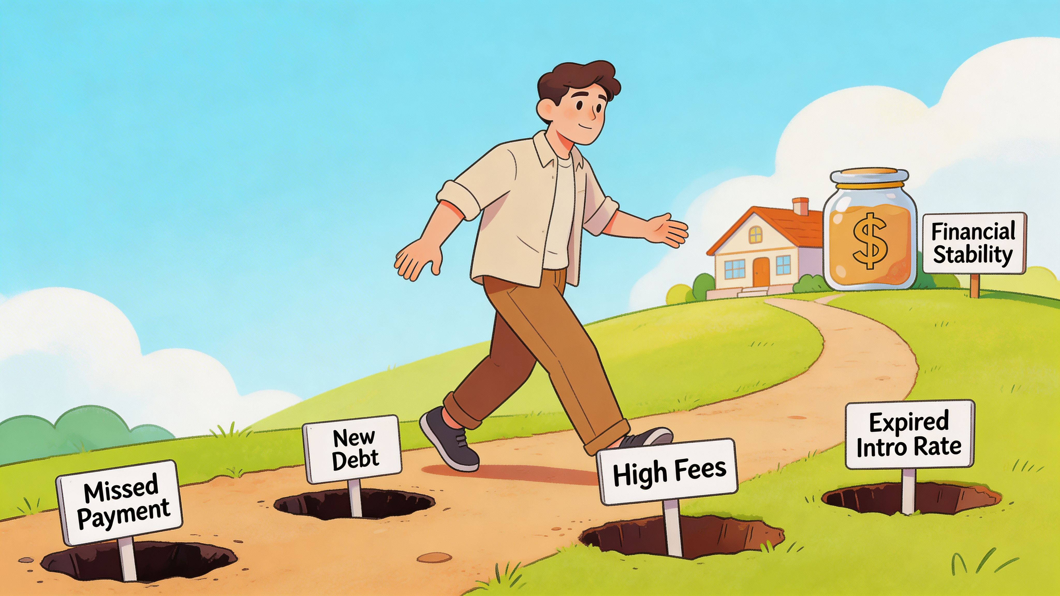 An illustration of a man walking carefully along a path while avoiding pitfalls labeled with various financial risks.