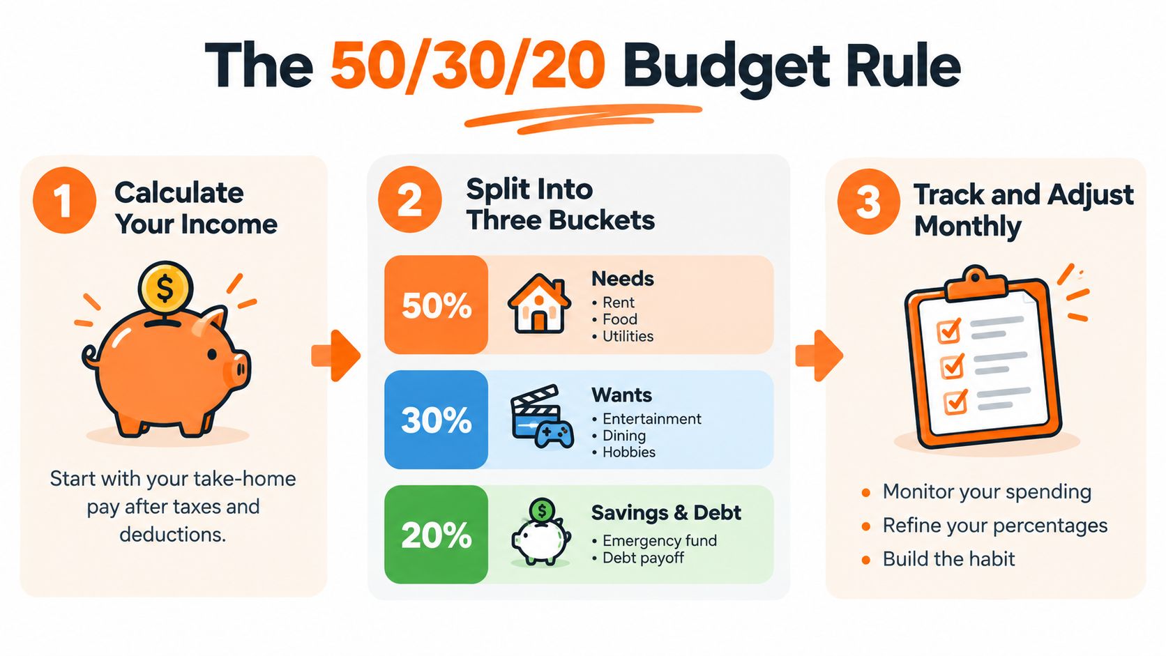 An infographic explaining the 50/30/20 budget rule for organizing personal finances into needs, wants, and savings.