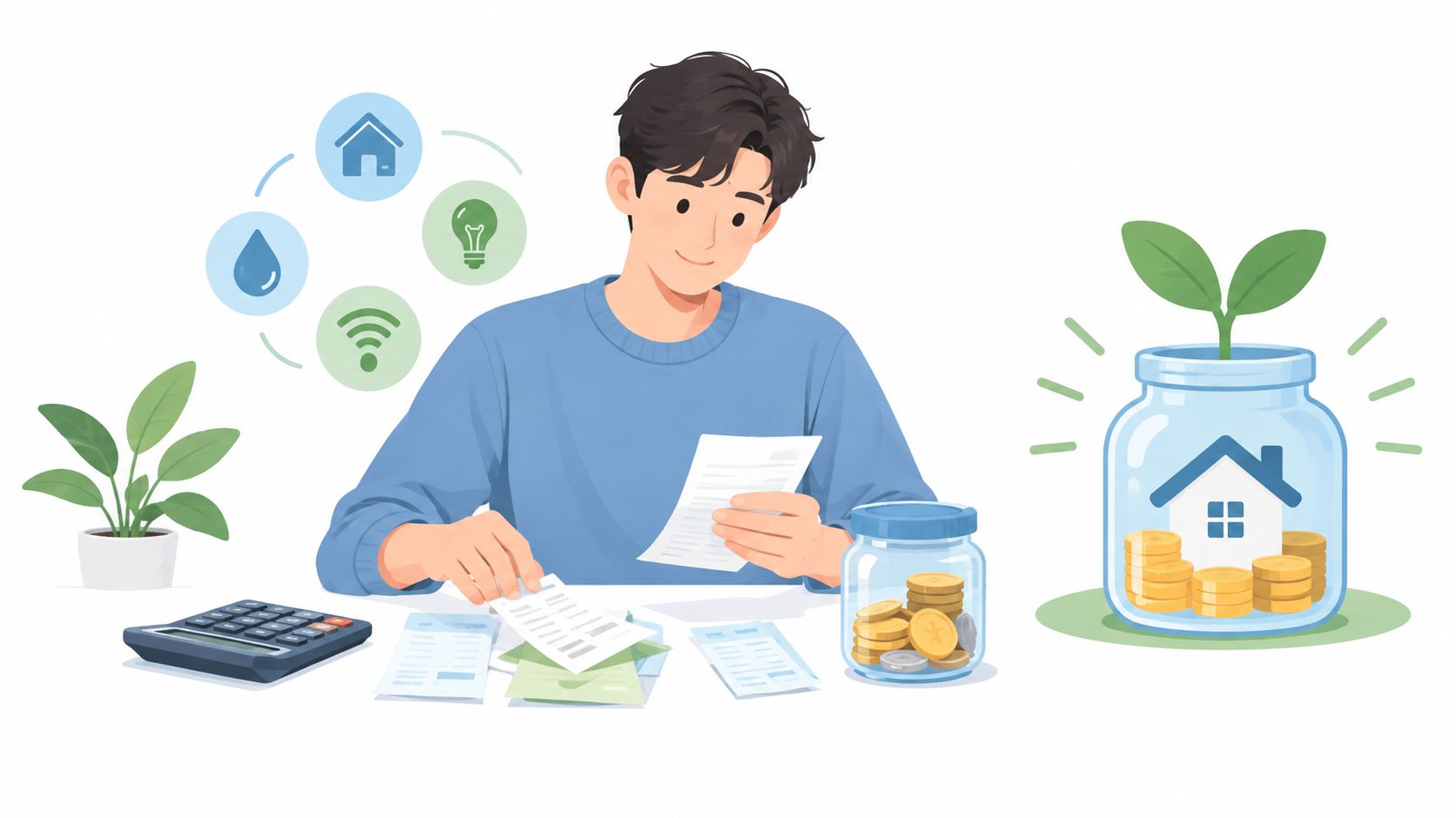 A young man analyzing household bills and financial documents while saving money for a new home.