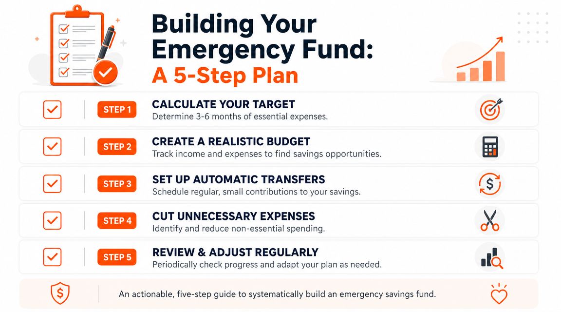 A five-step guide infographic for building an emergency savings fund through budgeting and automated financial planning.