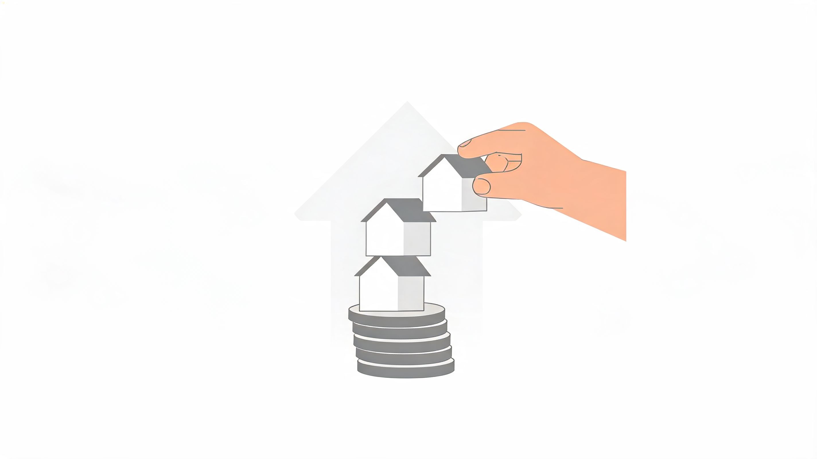 A hand placing a small house icon on top of a stack of houses and coins