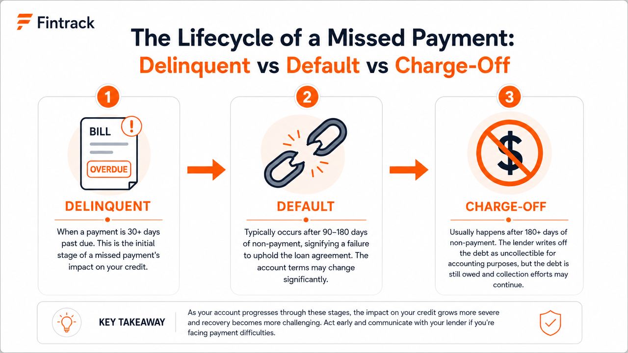A flow chart illustrating the three stages of a missed payment: delinquent, default, and charge-off.
